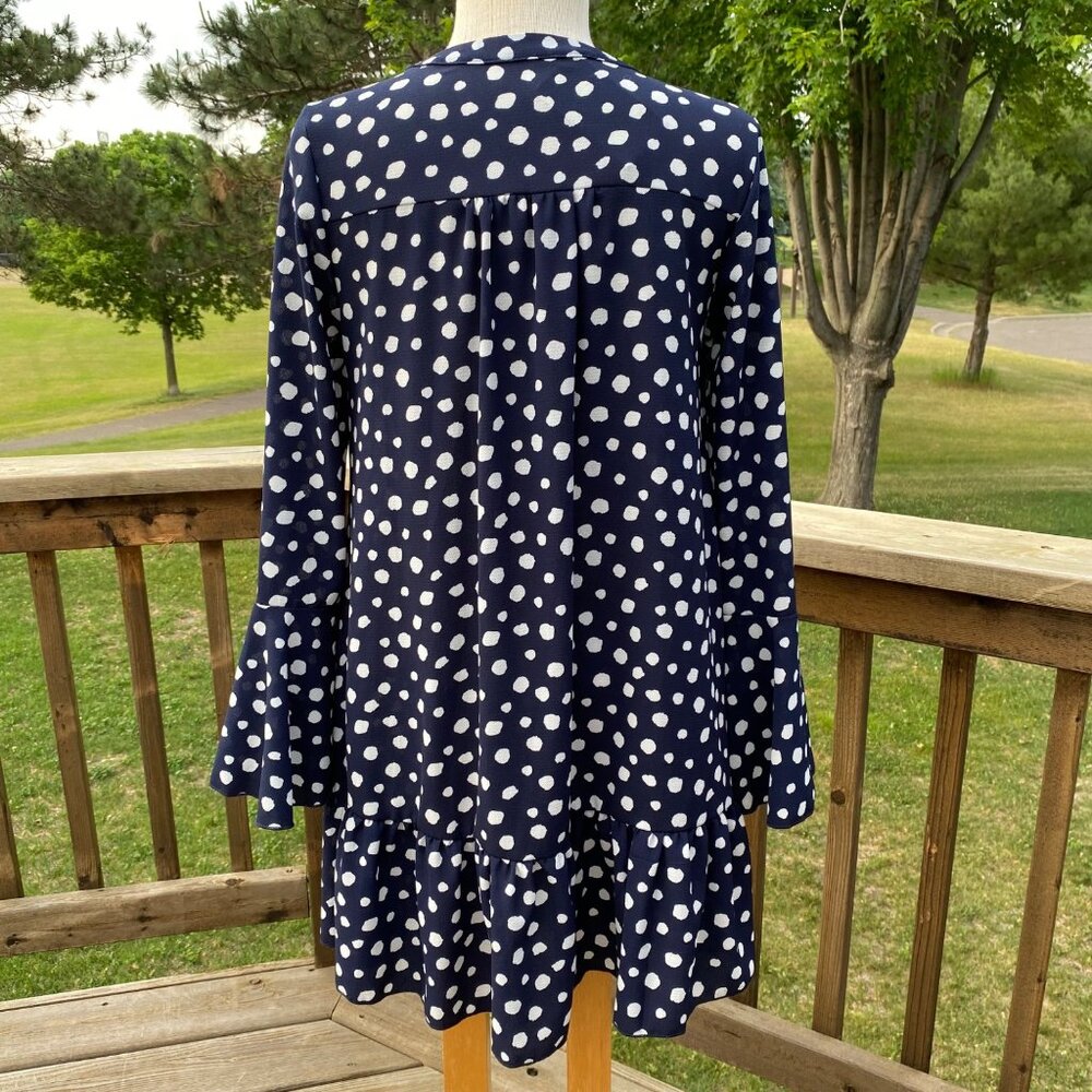 Navy Blue Polka Dots Mini Dress Tunic Top Women Size M  Bell Long Sleeve Cut Out - Picture 7 of 15